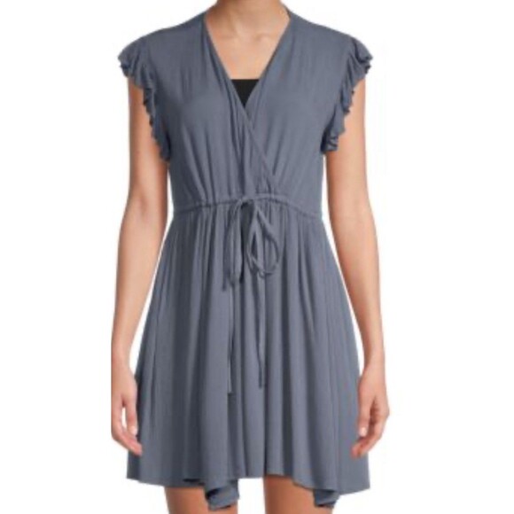 Elan Boho Ruffle Mini Dress XL Blue Crinkle Drawstring Coverup Cottagecore - Picture 7 of 8